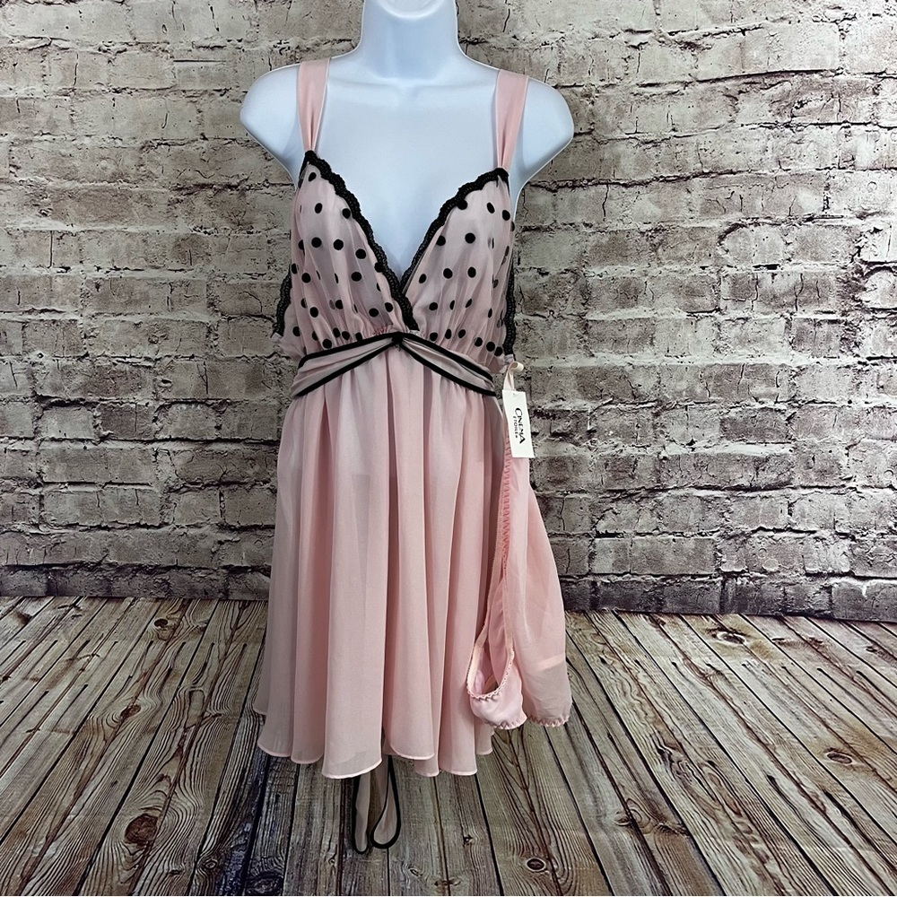 Cinema Pink Black Polka Dot Lace Sheer Babydoll Lingerie
